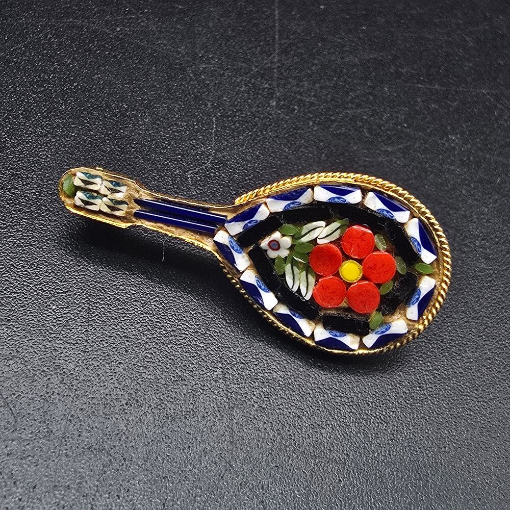 Micro Mosaic Lute Musical Instrument Brooch Italian Vintage Costume Jewelry